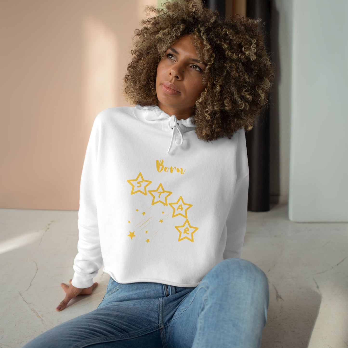 Gold-"Born Star":  Cropped Hoodie — Cute Minimalist Star Graphic Crop Sweatshirt