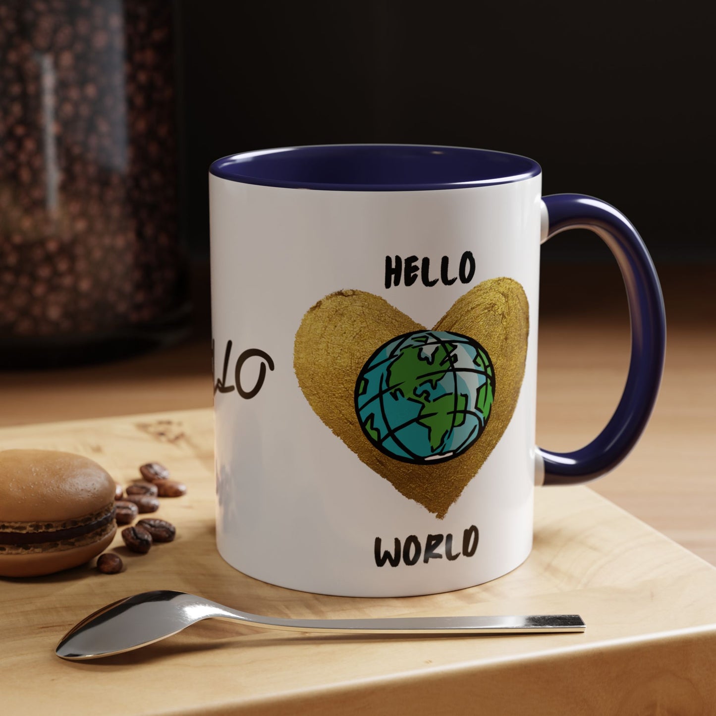 Hello World Coffee Mug — Heart Globe Accent 11oz