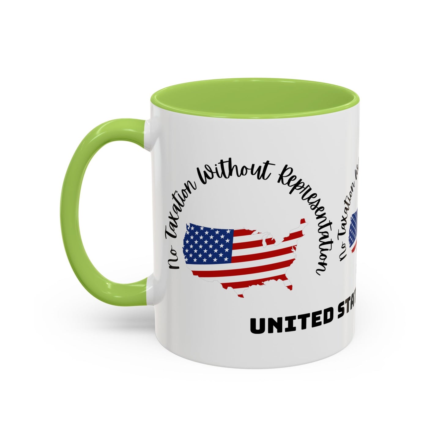 United States Map Flag Coffee Mug — "No Taxation Without Representation" 11/15oz Accent