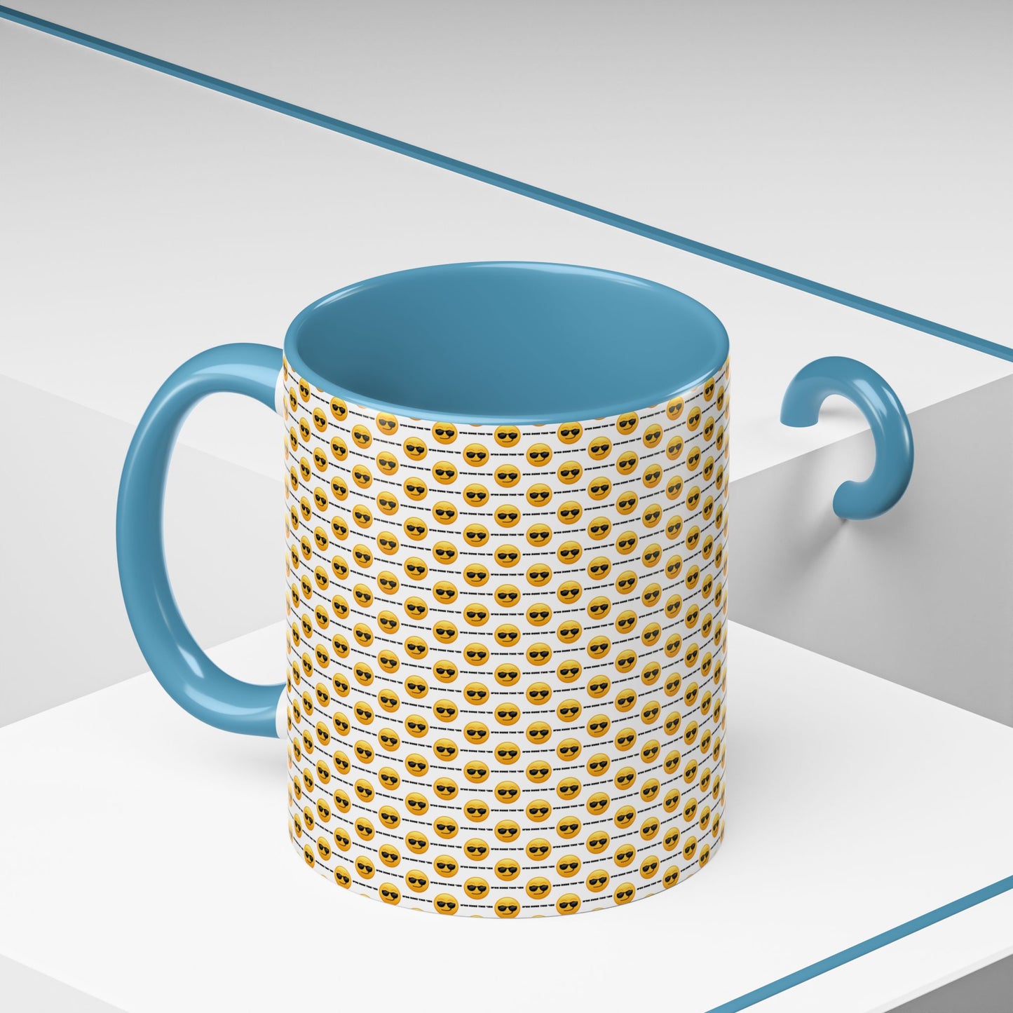 Sunglasses Emoji Pattern Accent Coffee Mug (11 oz) Asking "Who Run's This Ish"