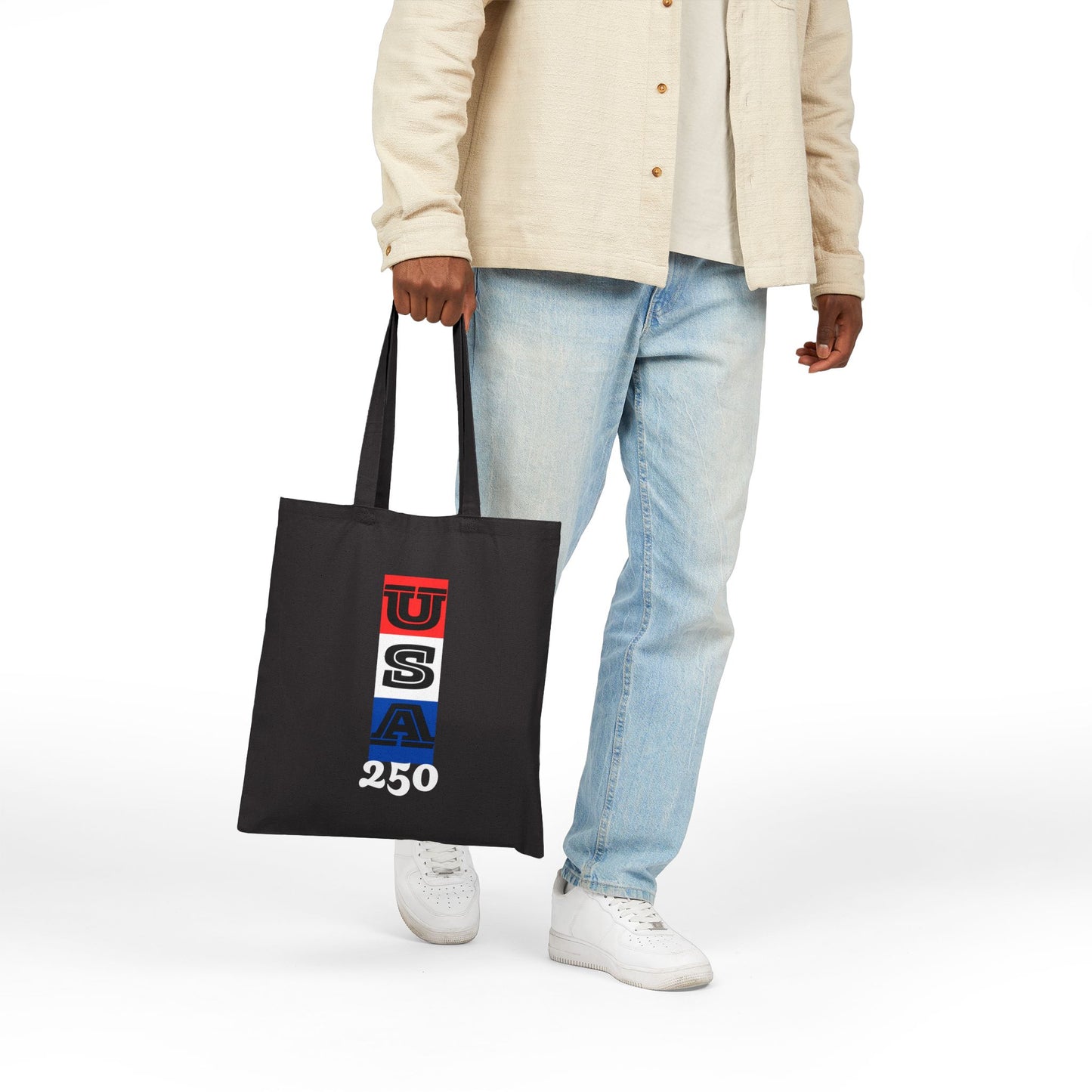 "USA 250" Patriotic Cotton Canvas Tote Bag, Eco-Friendly Shopper, Reusable Grocery Bag