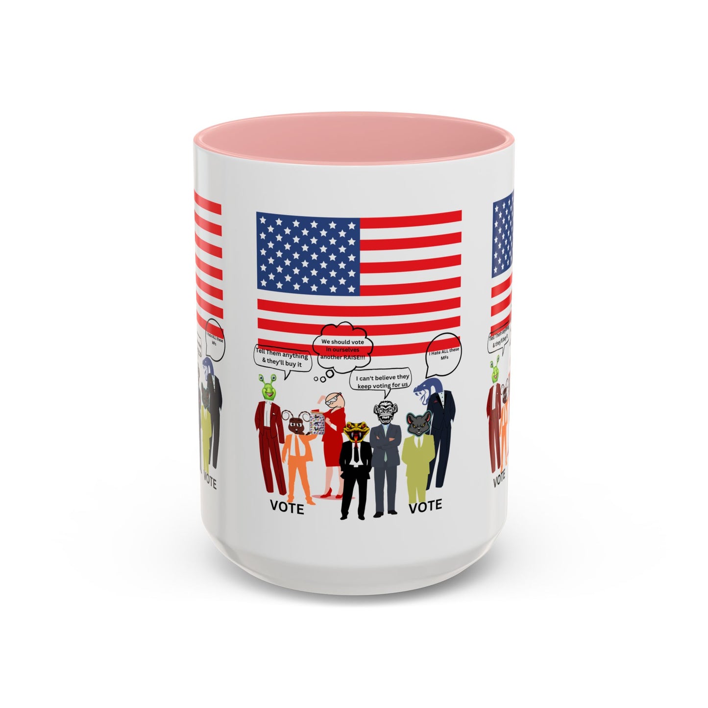 Patriotic Accent Coffee Mug — American Flag & Politicians in Lizard Form Illustration (15oz)