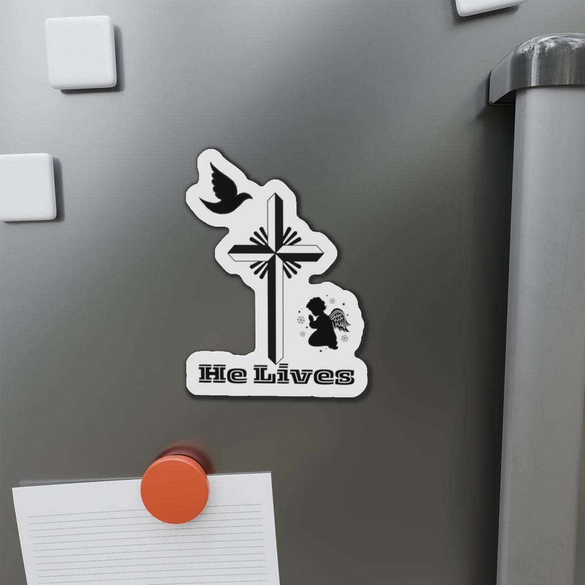 Religious  - He Lives Holy Cross with Praying Angel - Die-Cut Magnet