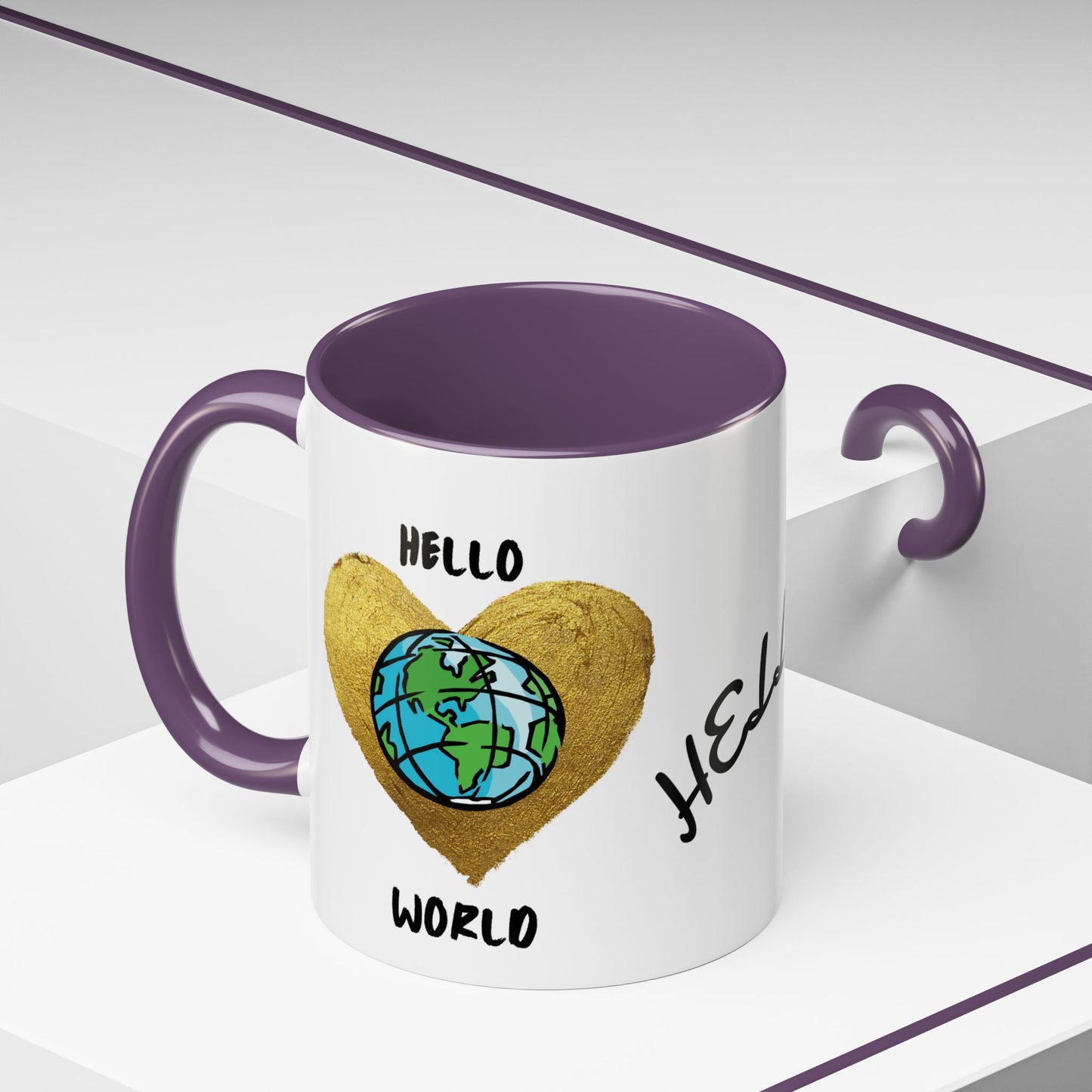 Hello World Coffee Mug — Heart Globe Accent 11oz