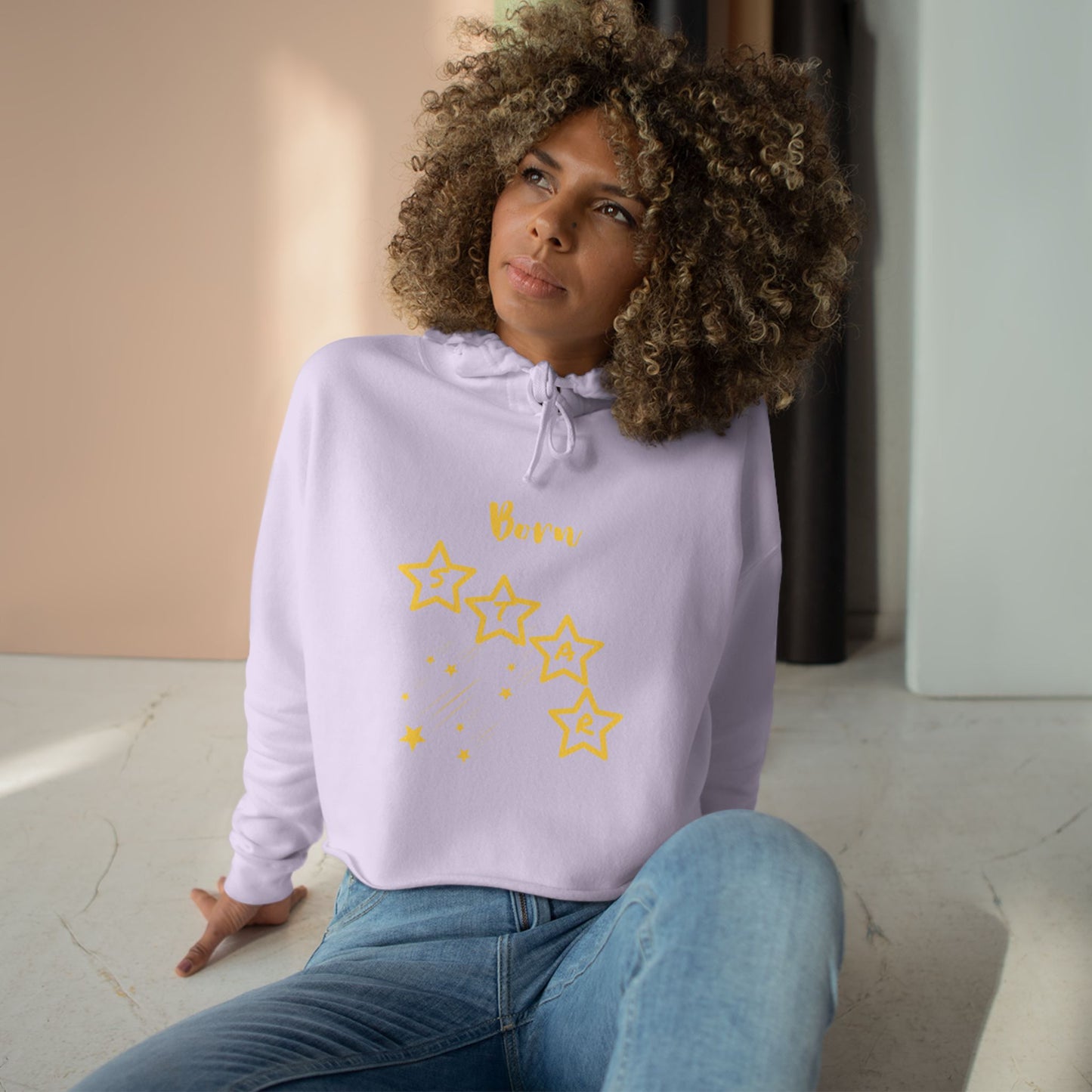 Gold-"Born Star":  Cropped Hoodie — Cute Minimalist Star Graphic Crop Sweatshirt