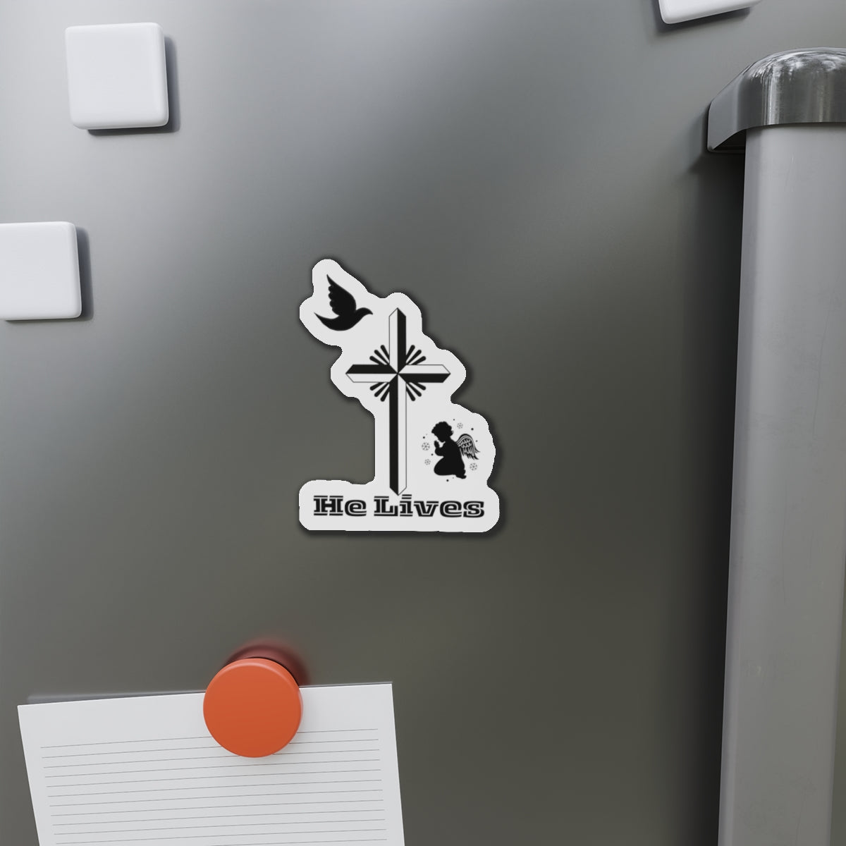 Religious  - He Lives Holy Cross with Praying Angel - Die-Cut Magnet