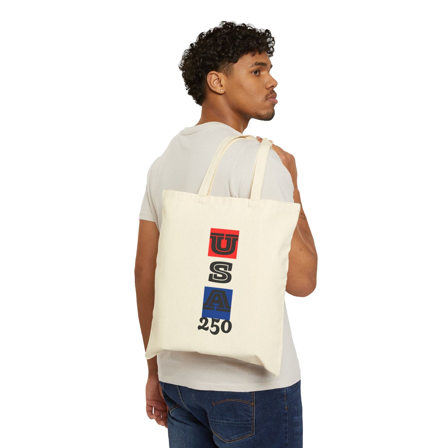 "USA 250" Patriotic Cotton Canvas Tote Bag, Eco-Friendly Shopper, Reusable Grocery Bag