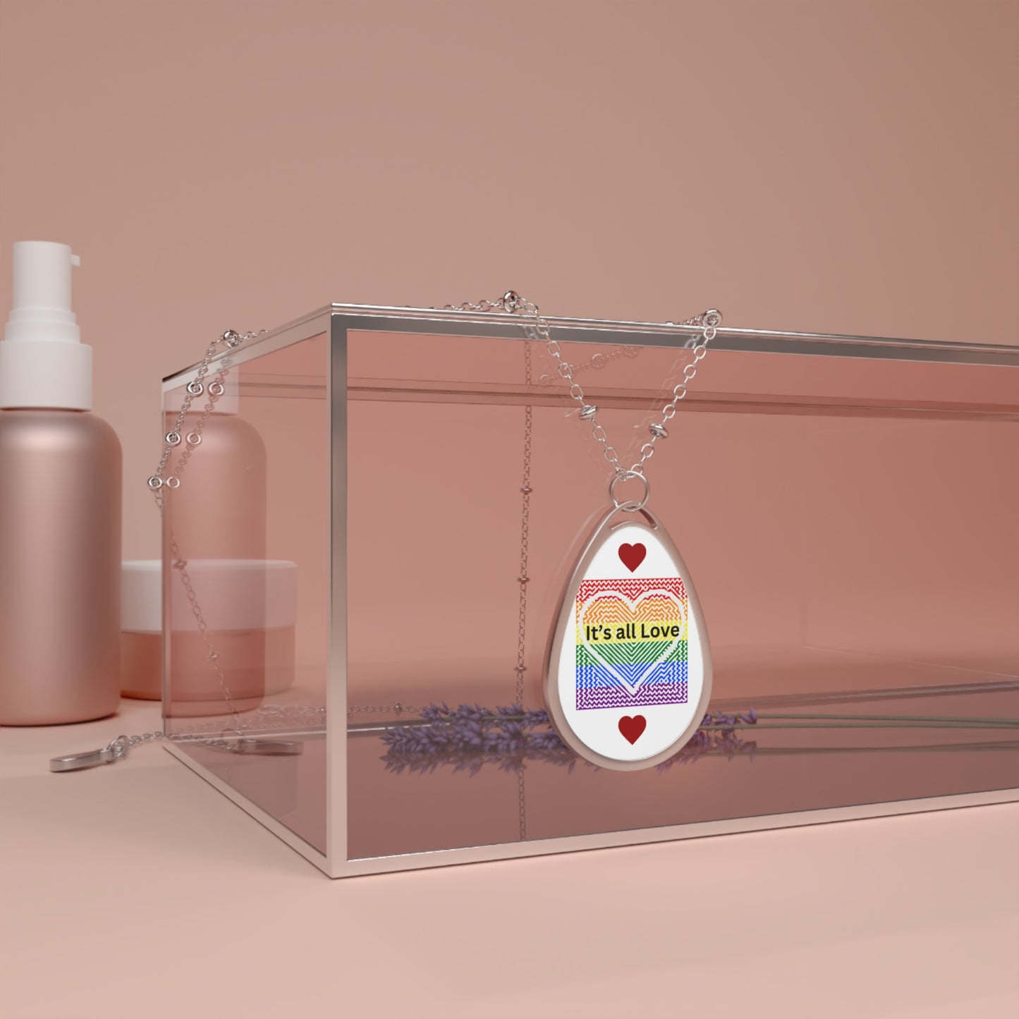 Oval Necklace — Rainbow "It's all Love" Heart Pendant Necklace