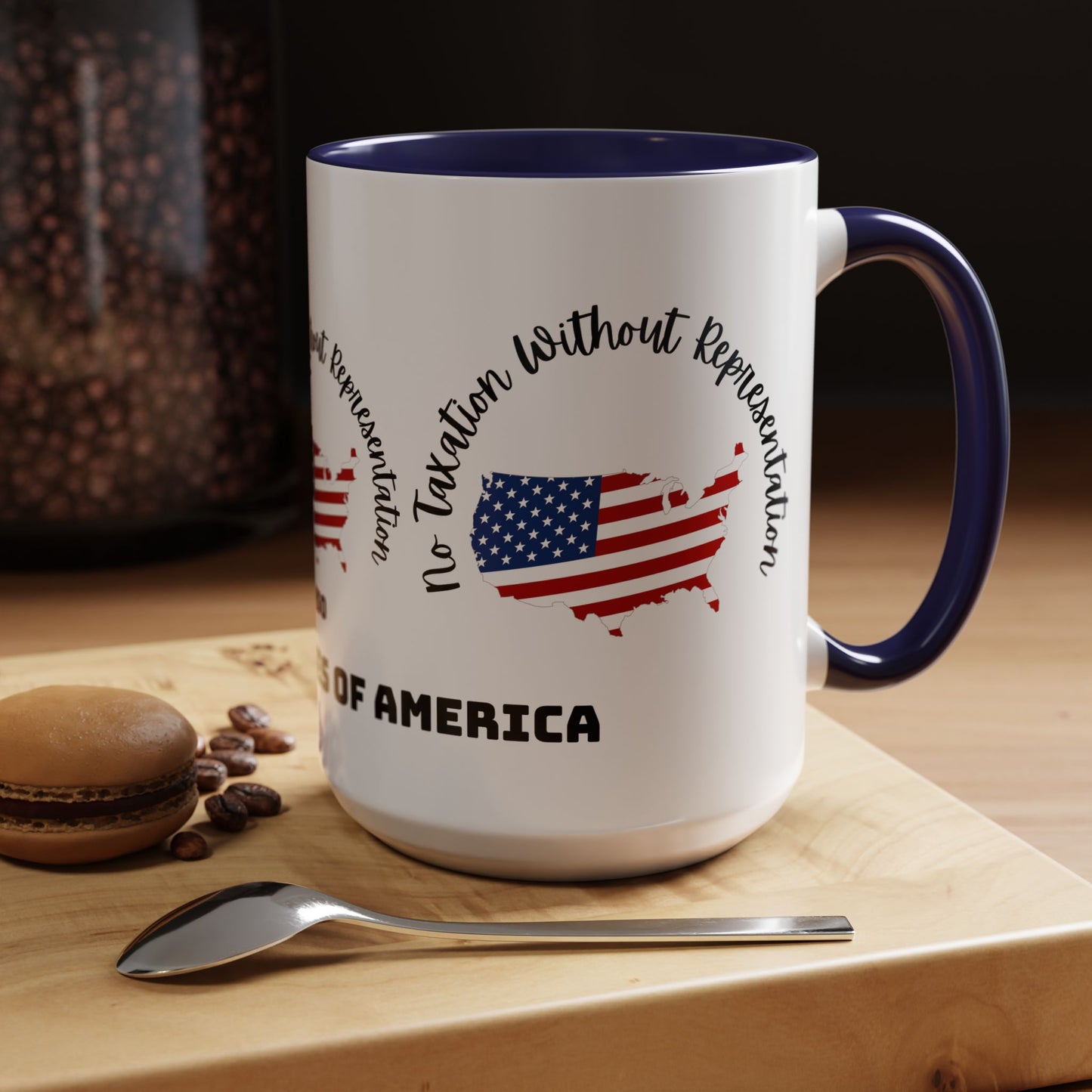 United States Map Flag Coffee Mug — "No Taxation Without Representation" 11/15oz Accent