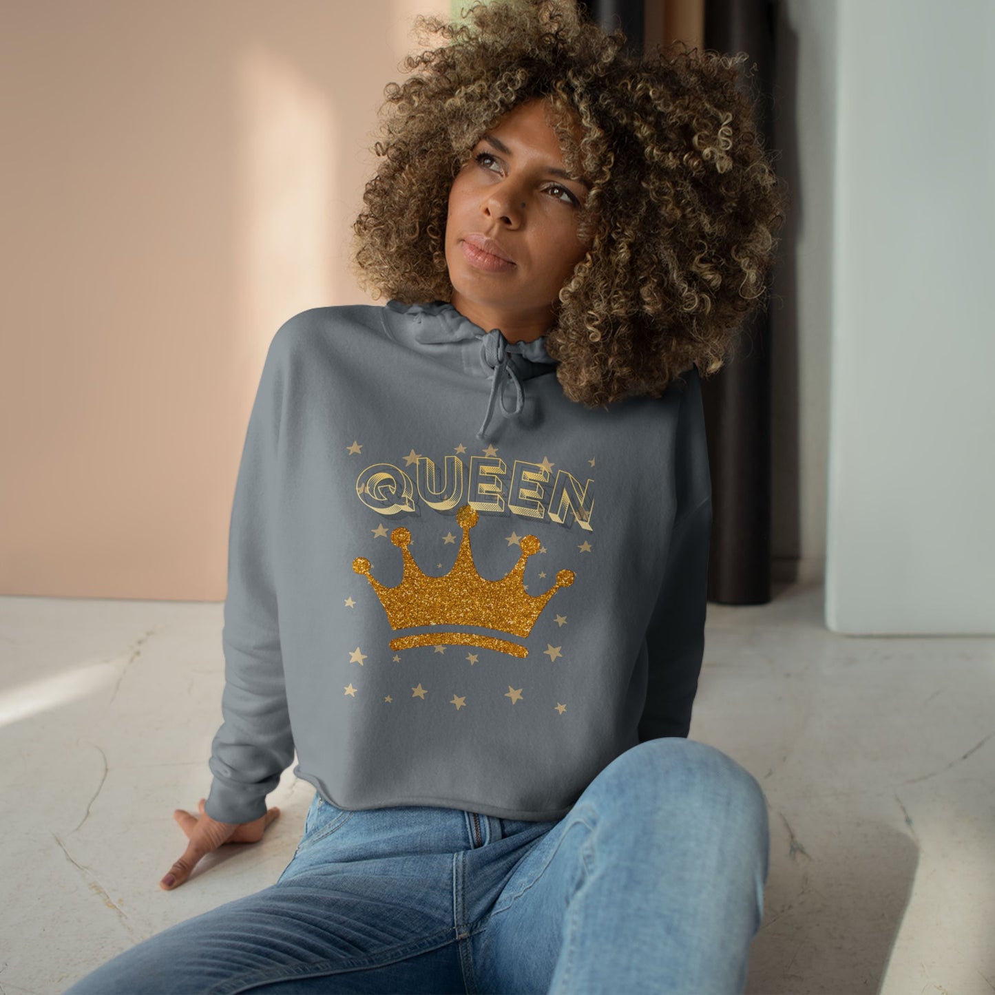 Queen - Gold Crown Crop Hoodie — Glitter Royalty Graphic Crop Hoodie