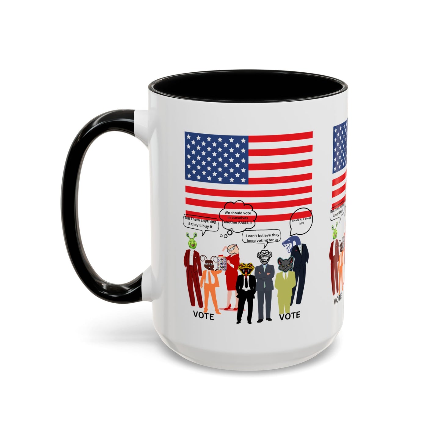 Patriotic Accent Coffee Mug — American Flag & Politicians in Lizard Form Illustration (15oz)