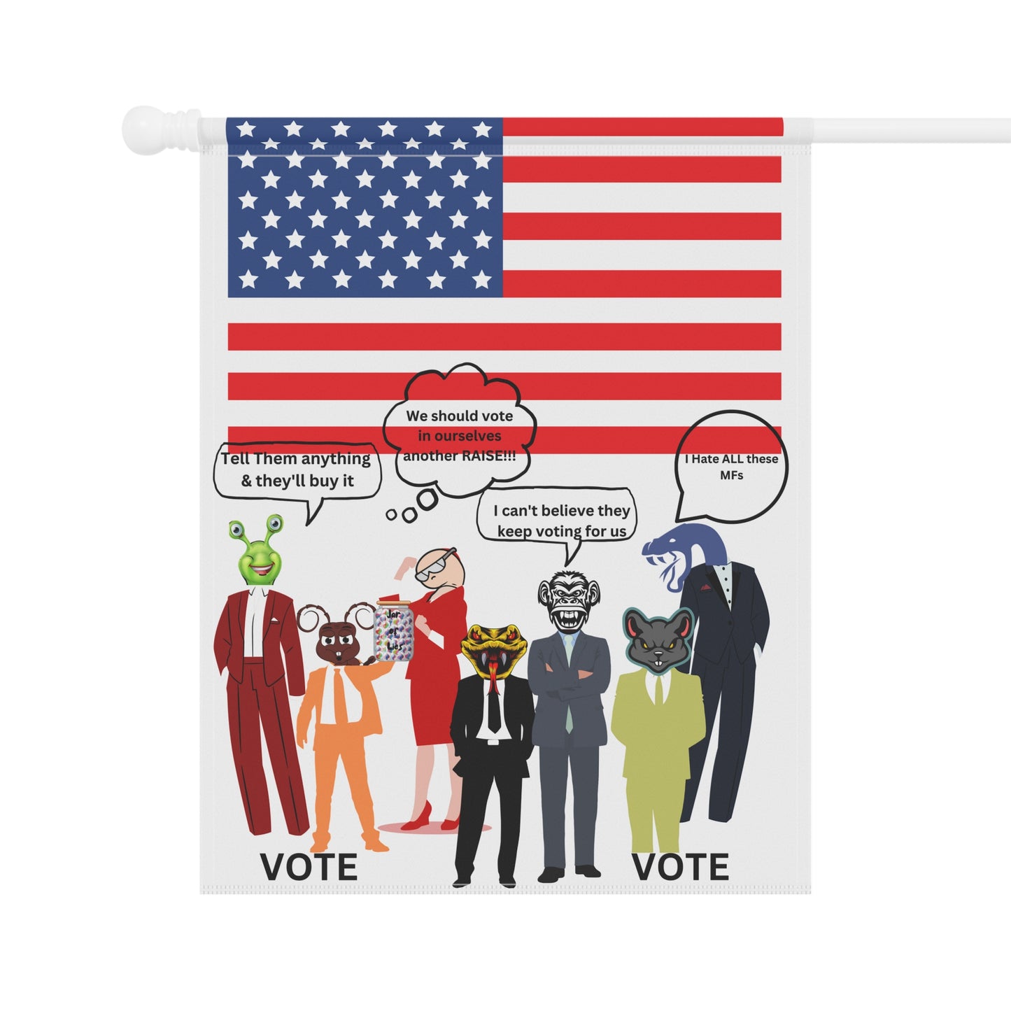 "Jar of Lies" Garden Flag - Patriotic Funny Cartoon Characters with American Flag