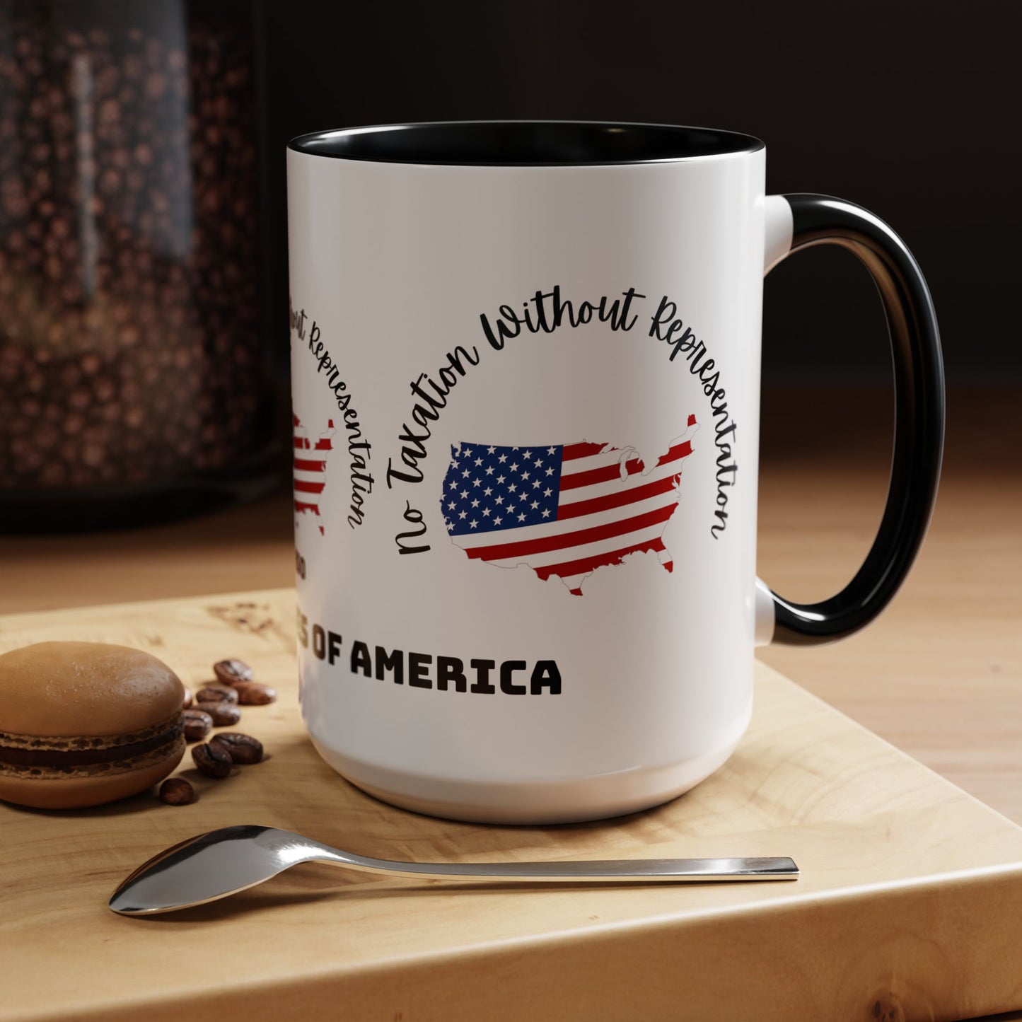 United States Map Flag Coffee Mug — "No Taxation Without Representation" 11/15oz Accent