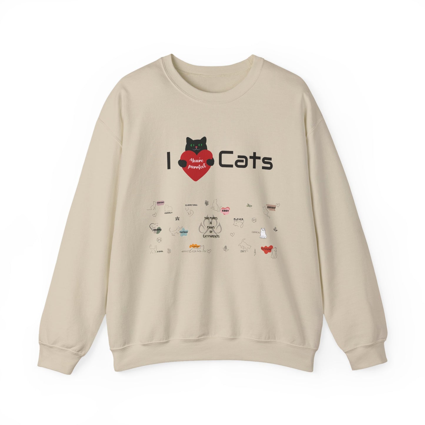 "I Love Cats" Unisex Heavy Blend Crewneck Sweatshirt: This design displays all the complex emotions of being a cat parent
