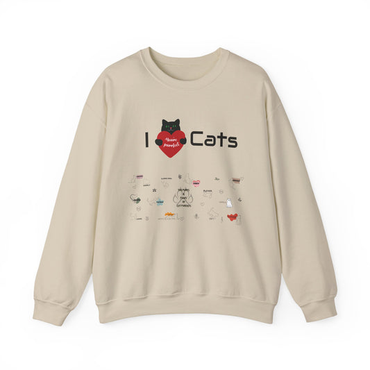 "I Love Cats" Unisex Heavy Blend Crewneck Sweatshirt: This design displays all the complex emotions of being a cat parent
