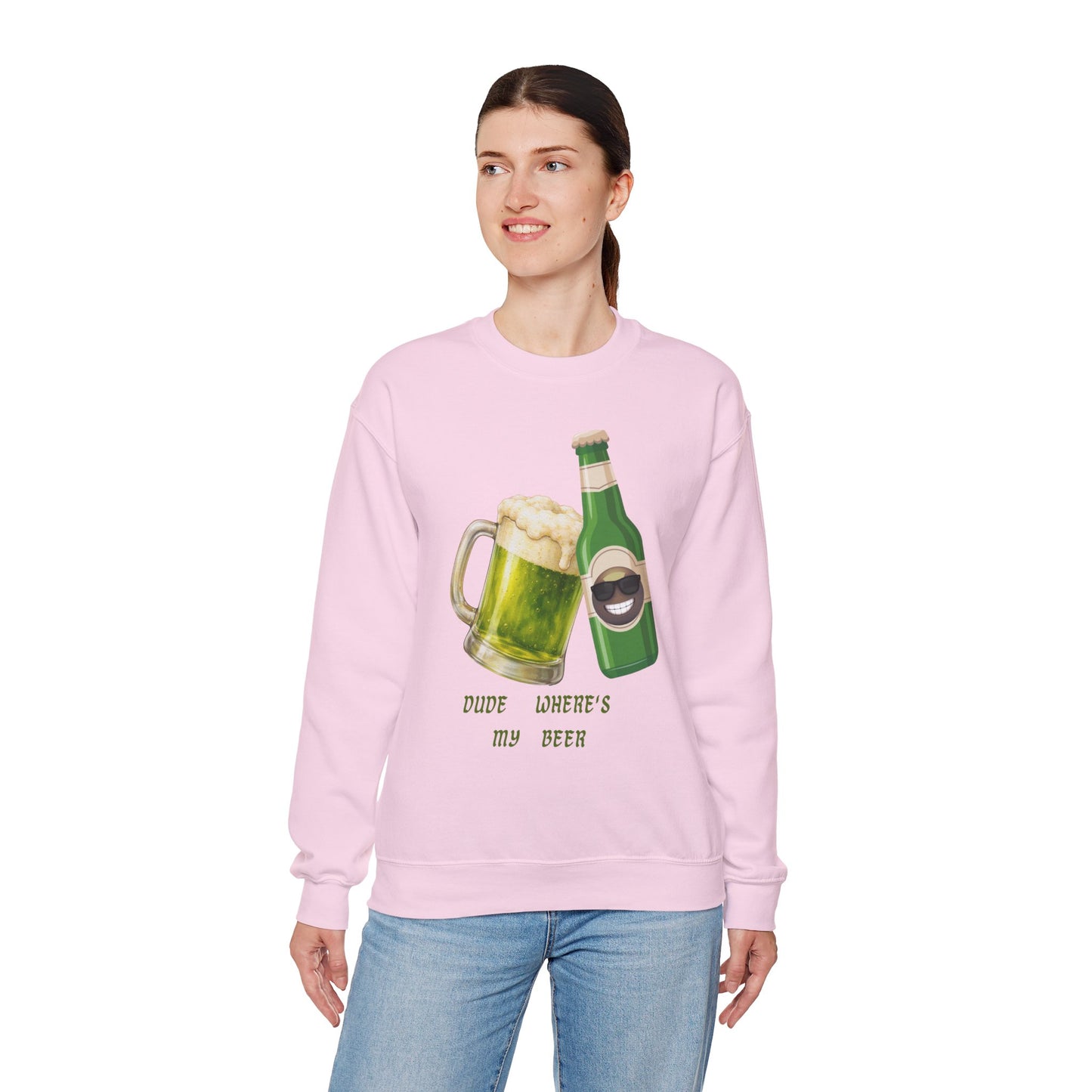 Crewneck Sweatshirt — "Dude Where's My Beer" Green Beer St. Patrick's Day Design
