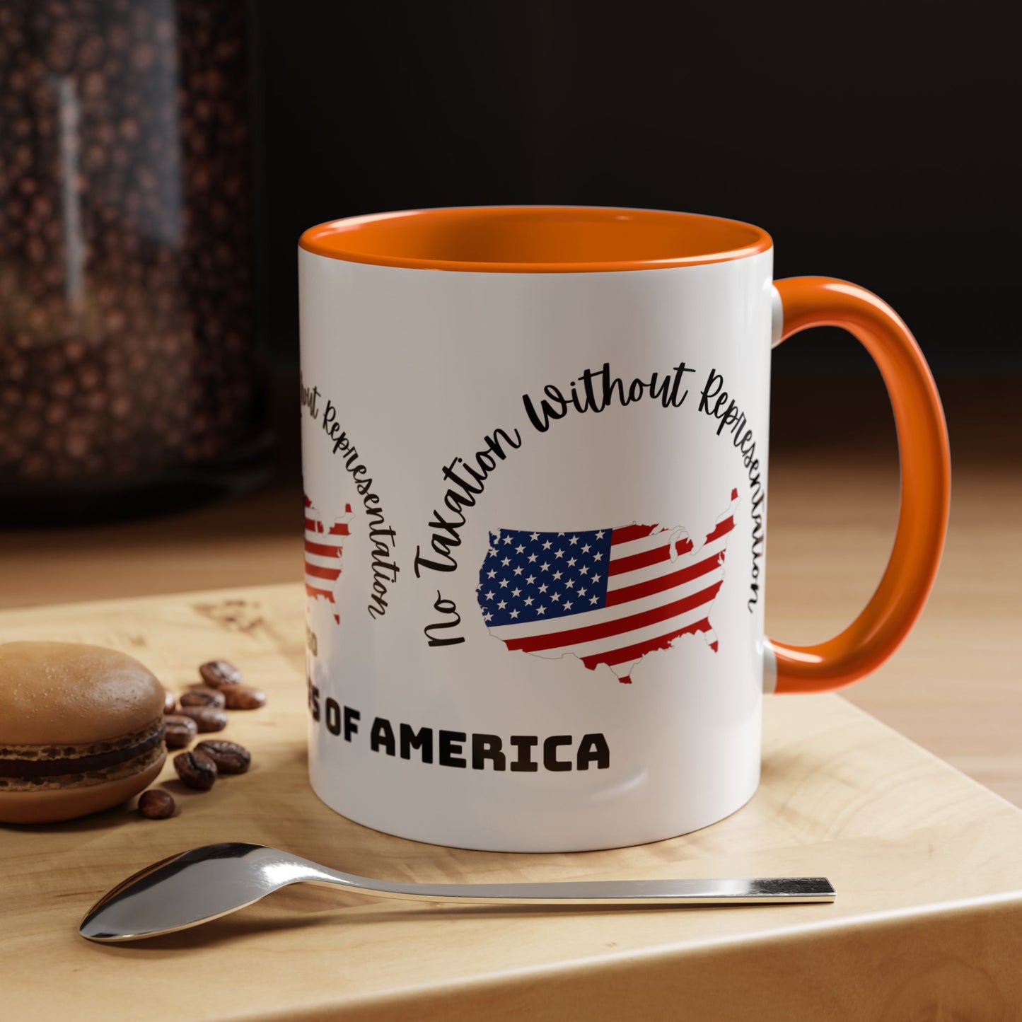United States Map Flag Coffee Mug — "No Taxation Without Representation" 11/15oz Accent