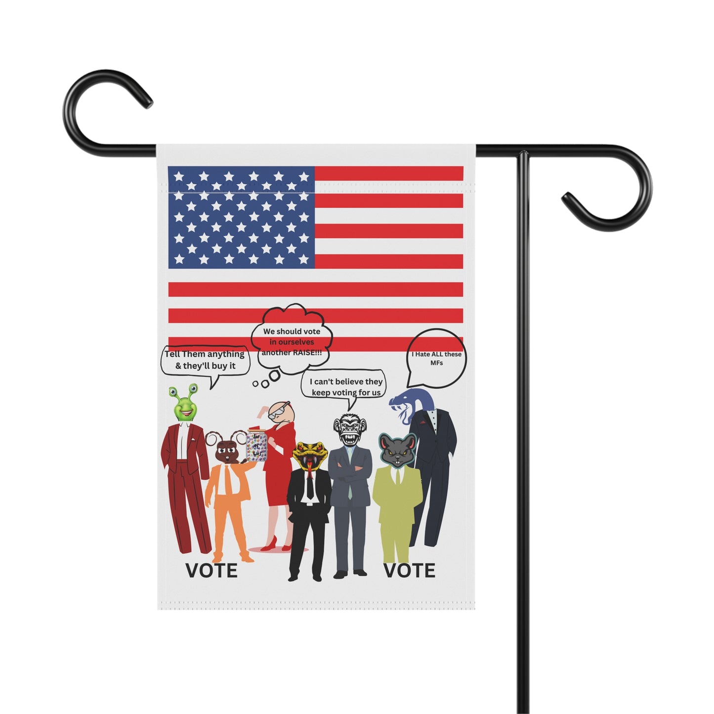 "Jar of Lies" Garden Flag - Patriotic Funny Cartoon Characters with American Flag