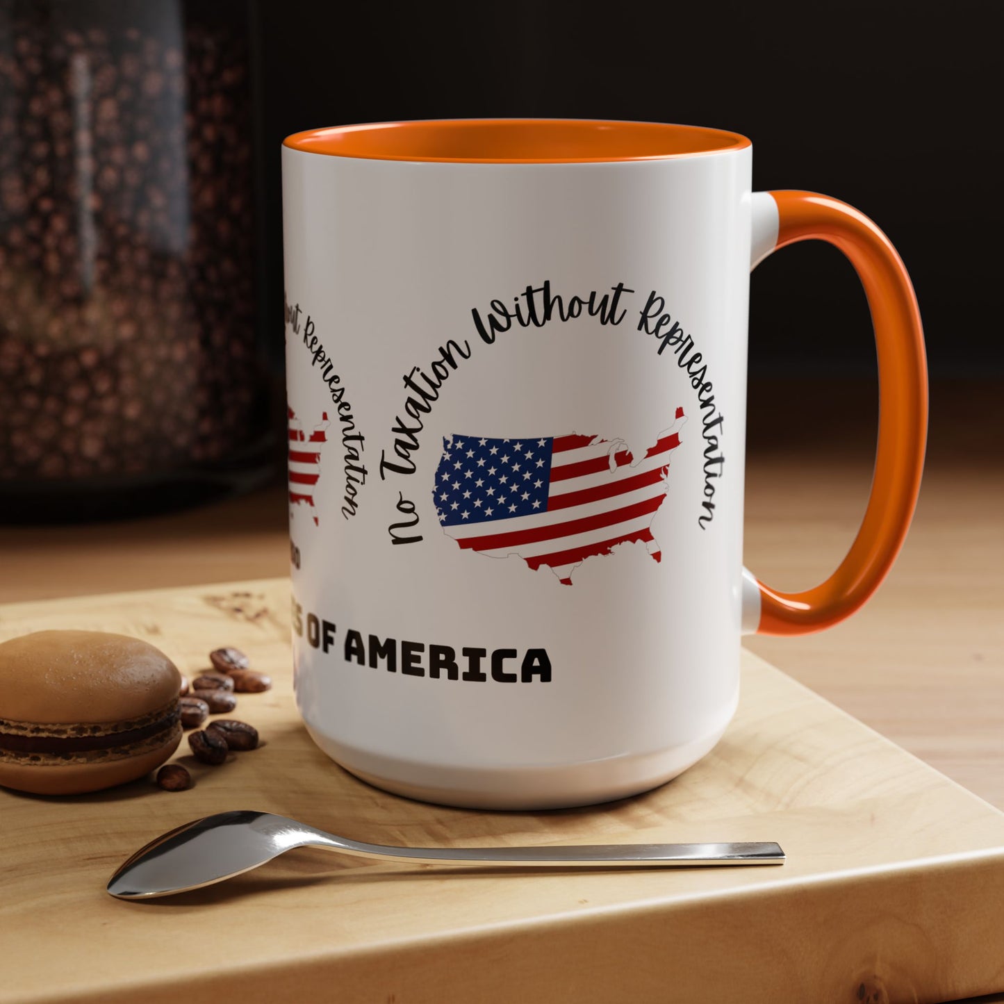 United States Map Flag Coffee Mug — "No Taxation Without Representation" 11/15oz Accent