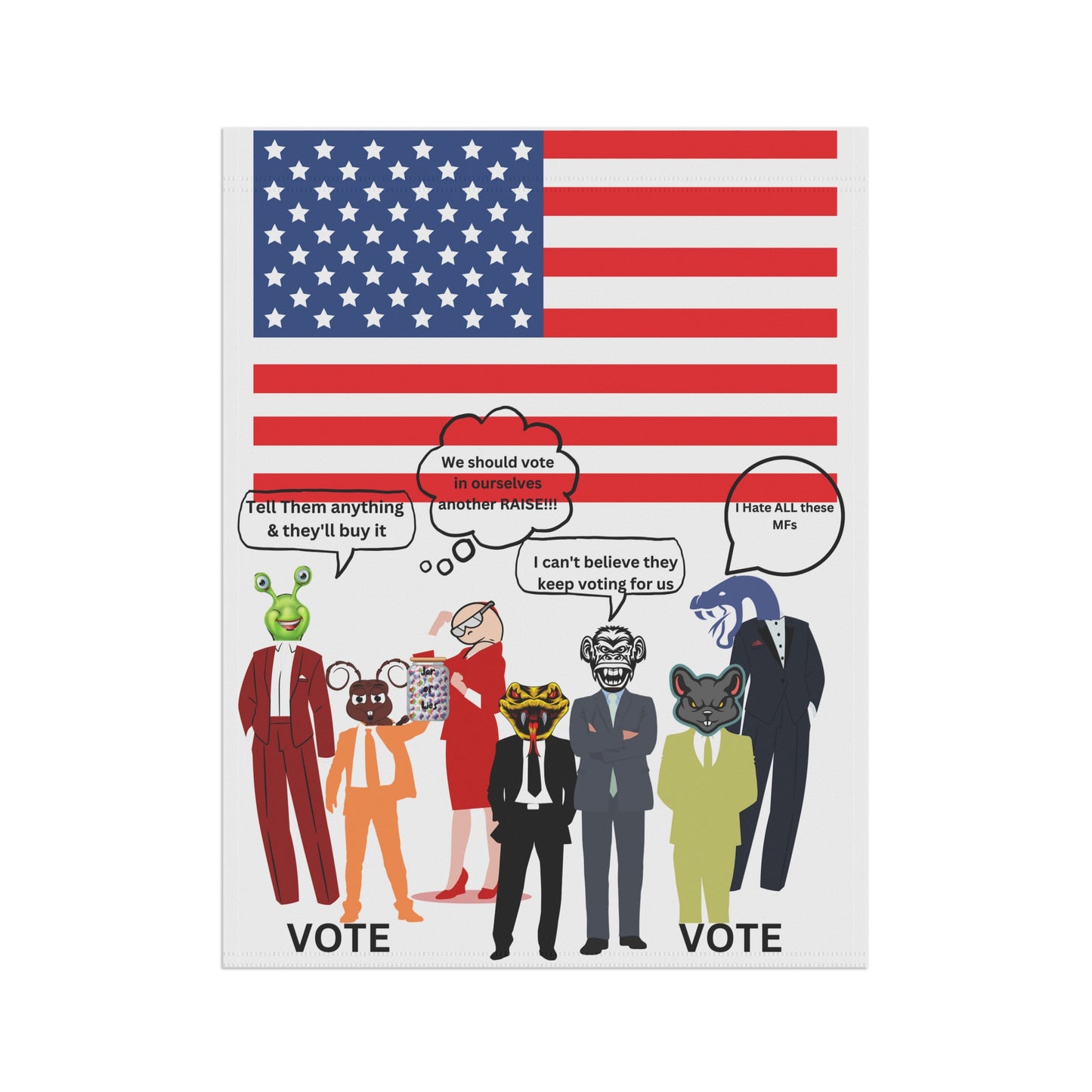 "Jar of Lies" Garden Flag - Patriotic Funny Cartoon Characters with American Flag