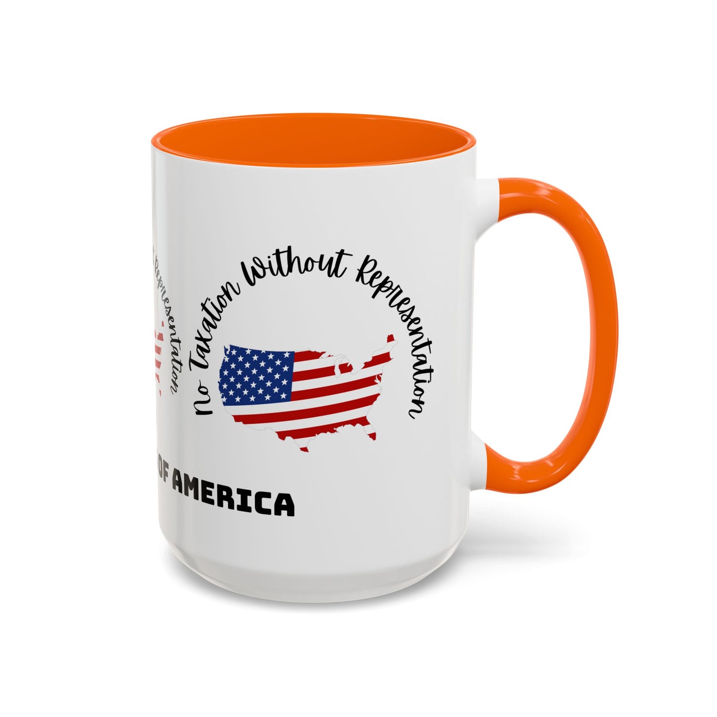 United States Map Flag Coffee Mug — "No Taxation Without Representation" 11/15oz Accent