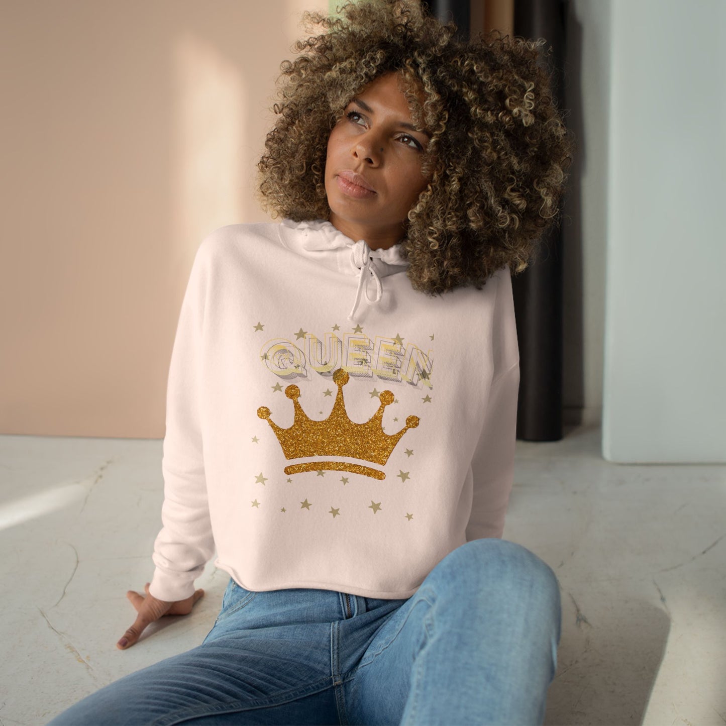 Queen - Gold Crown Crop Hoodie — Glitter Royalty Graphic Crop Hoodie
