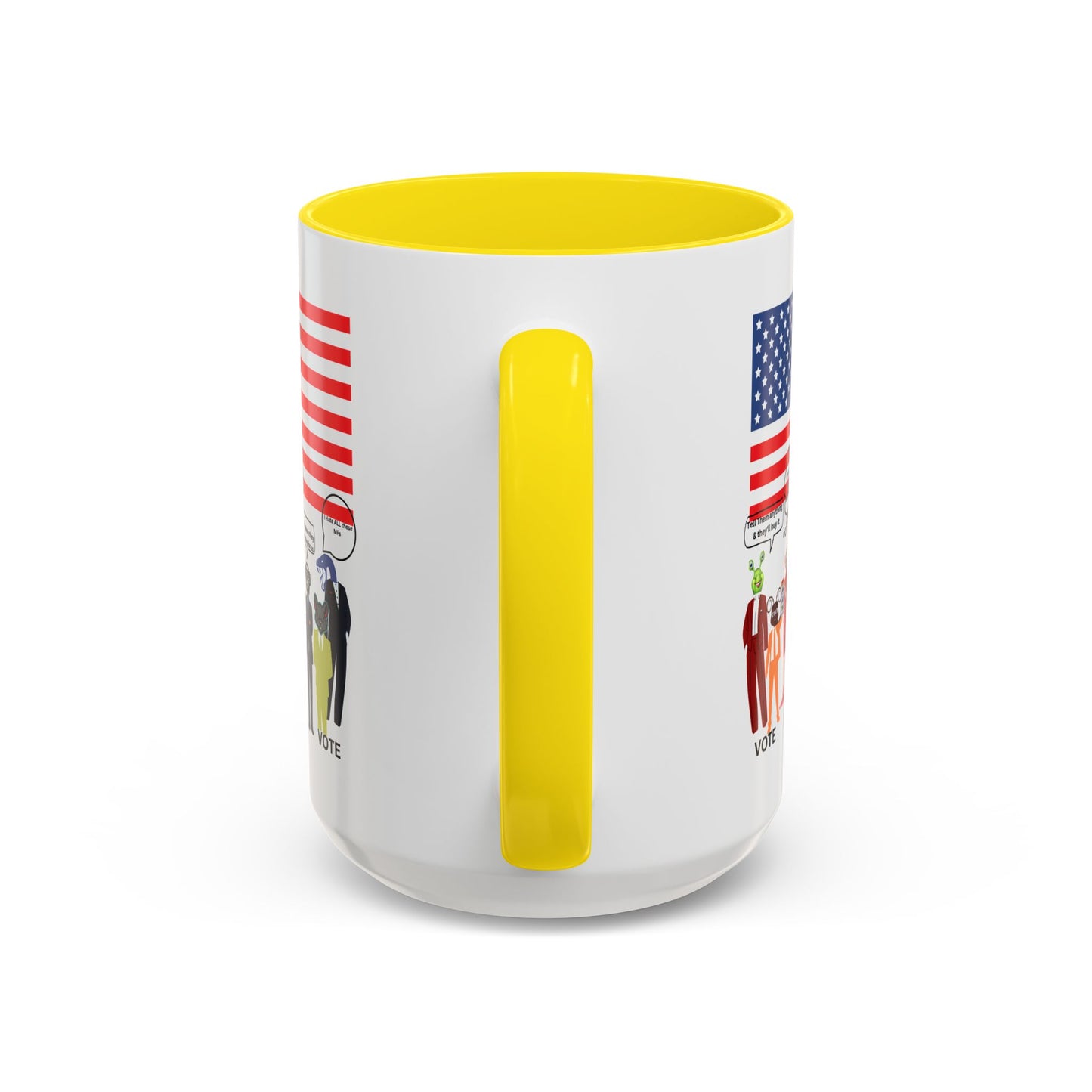 Patriotic Accent Coffee Mug — American Flag & Politicians in Lizard Form Illustration (15oz)