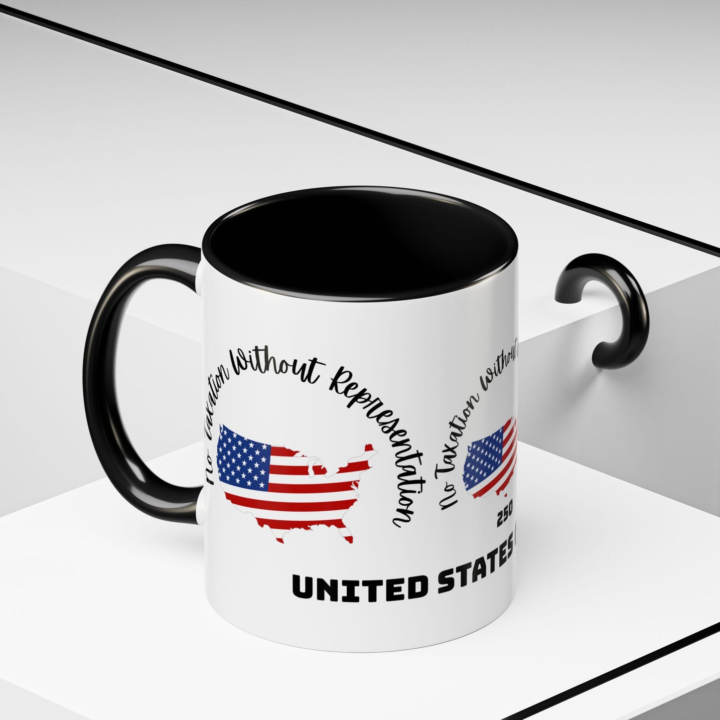 United States Map Flag Coffee Mug — "No Taxation Without Representation" 11/15oz Accent
