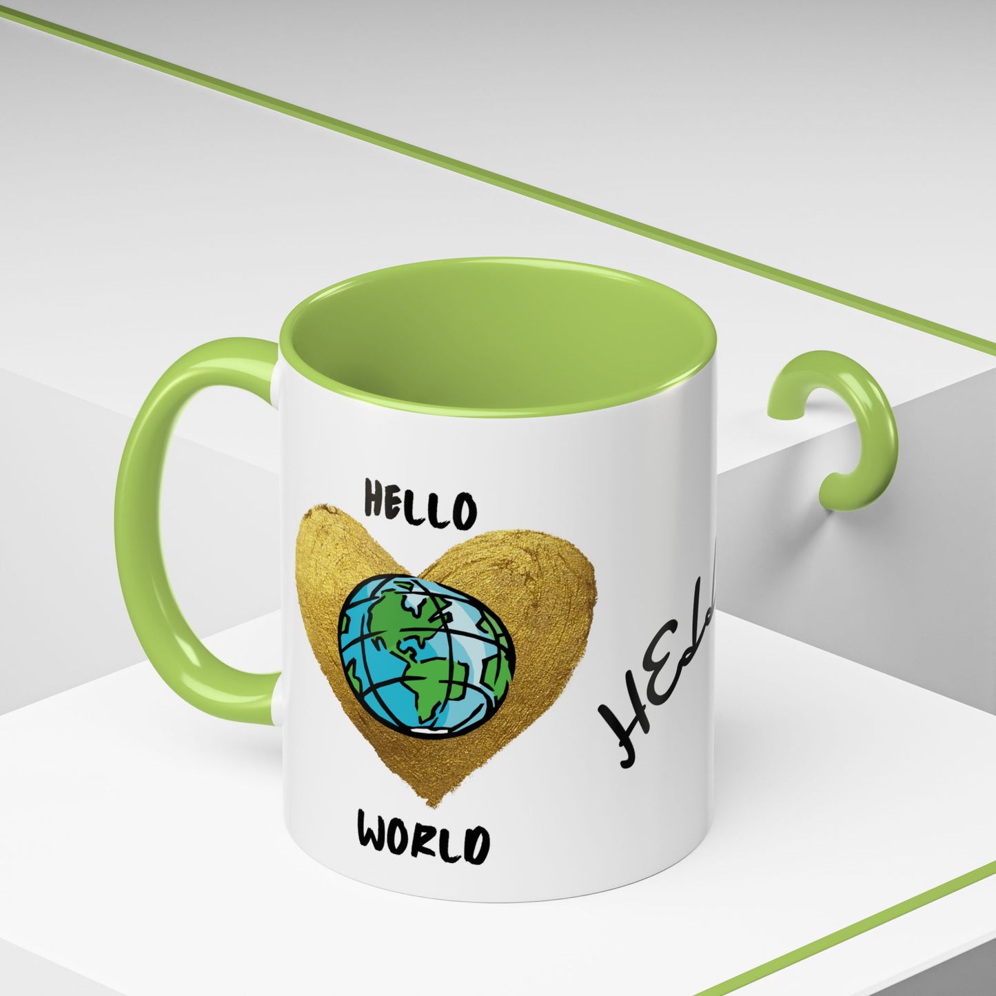 Hello World Coffee Mug — Heart Globe Accent 11oz