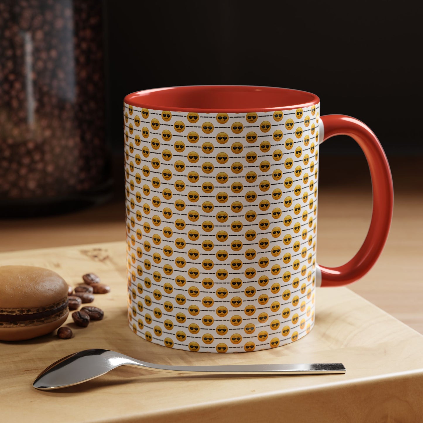 Sunglasses Emoji Pattern Accent Coffee Mug (11 oz) Asking "Who Run's This Ish"