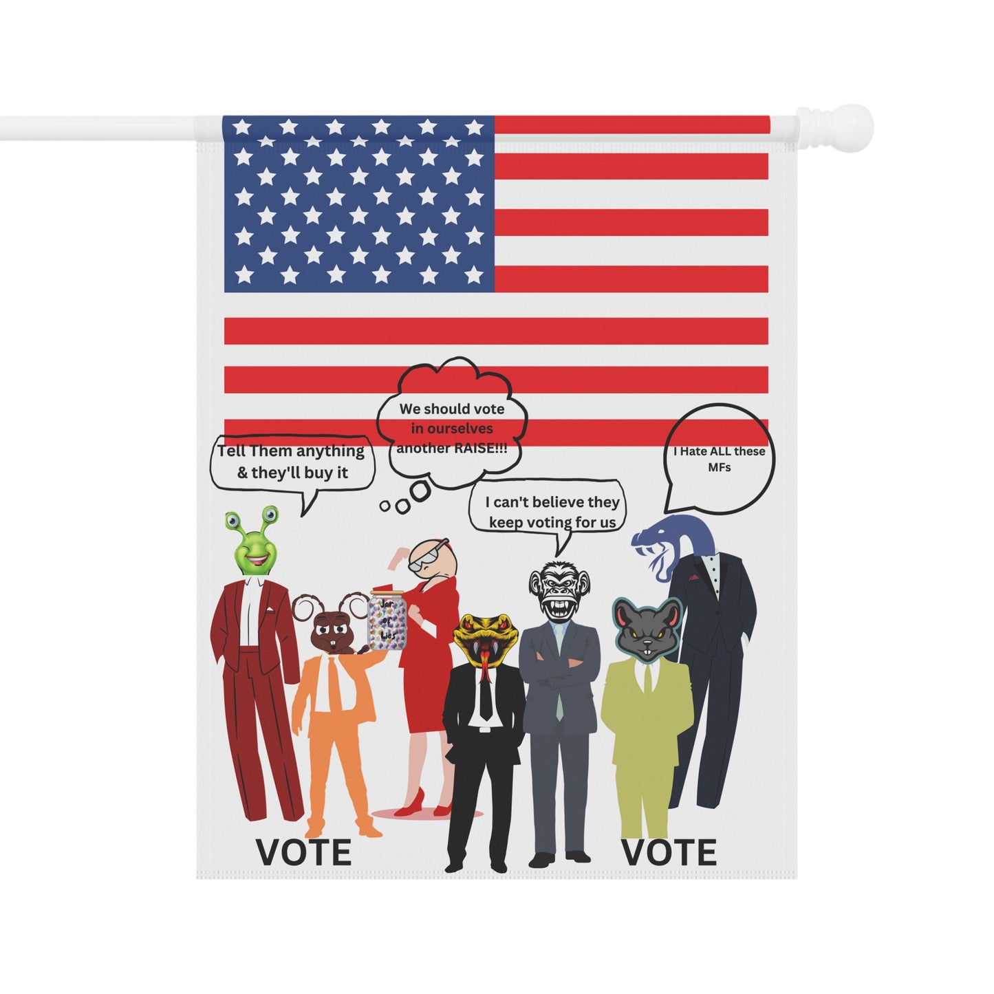 "Jar of Lies" Garden Flag - Patriotic Funny Cartoon Characters with American Flag