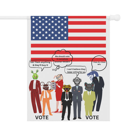 "Jar of Lies" Garden Flag - Patriotic Funny Cartoon Characters with American Flag