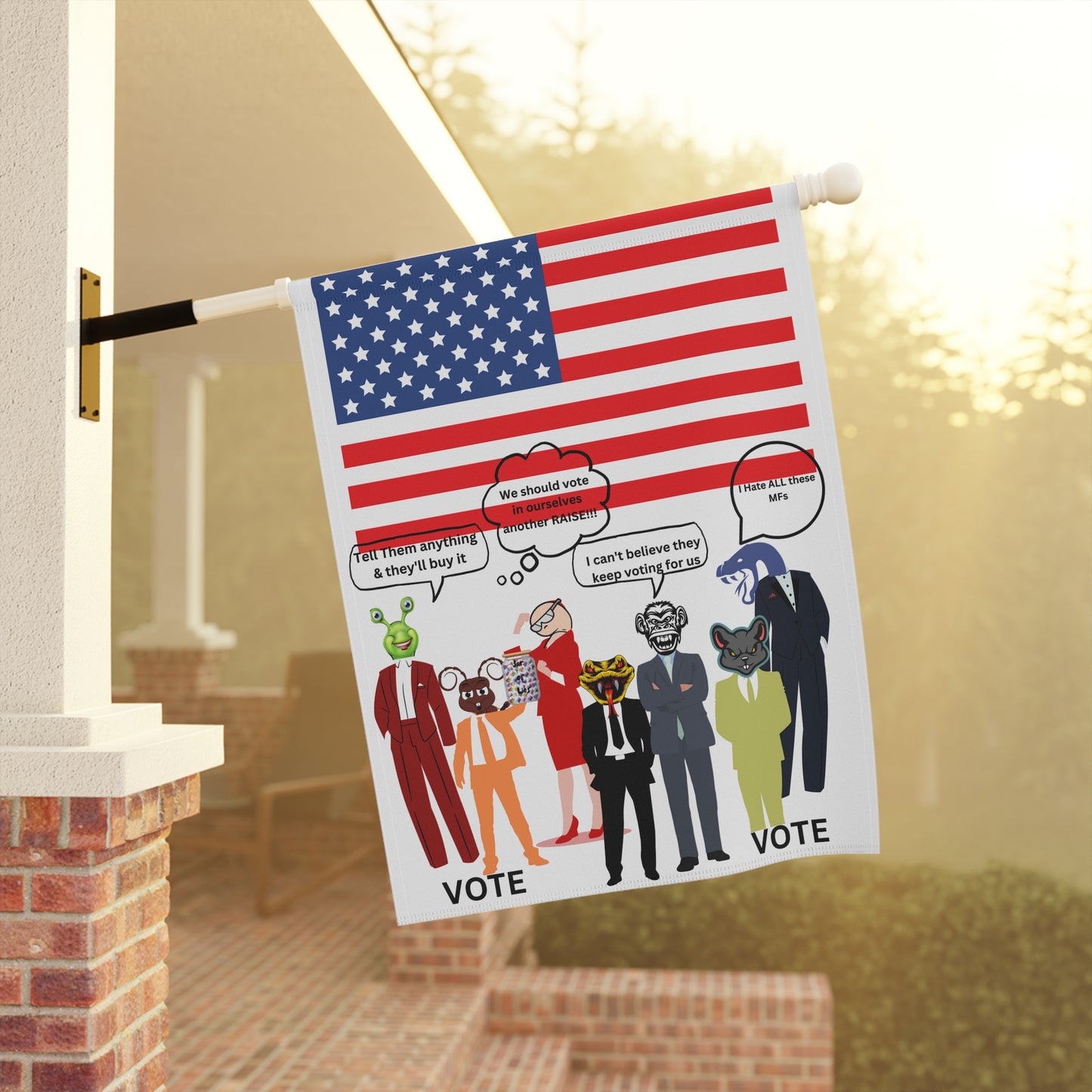 "Jar of Lies" Garden Flag - Patriotic Funny Cartoon Characters with American Flag