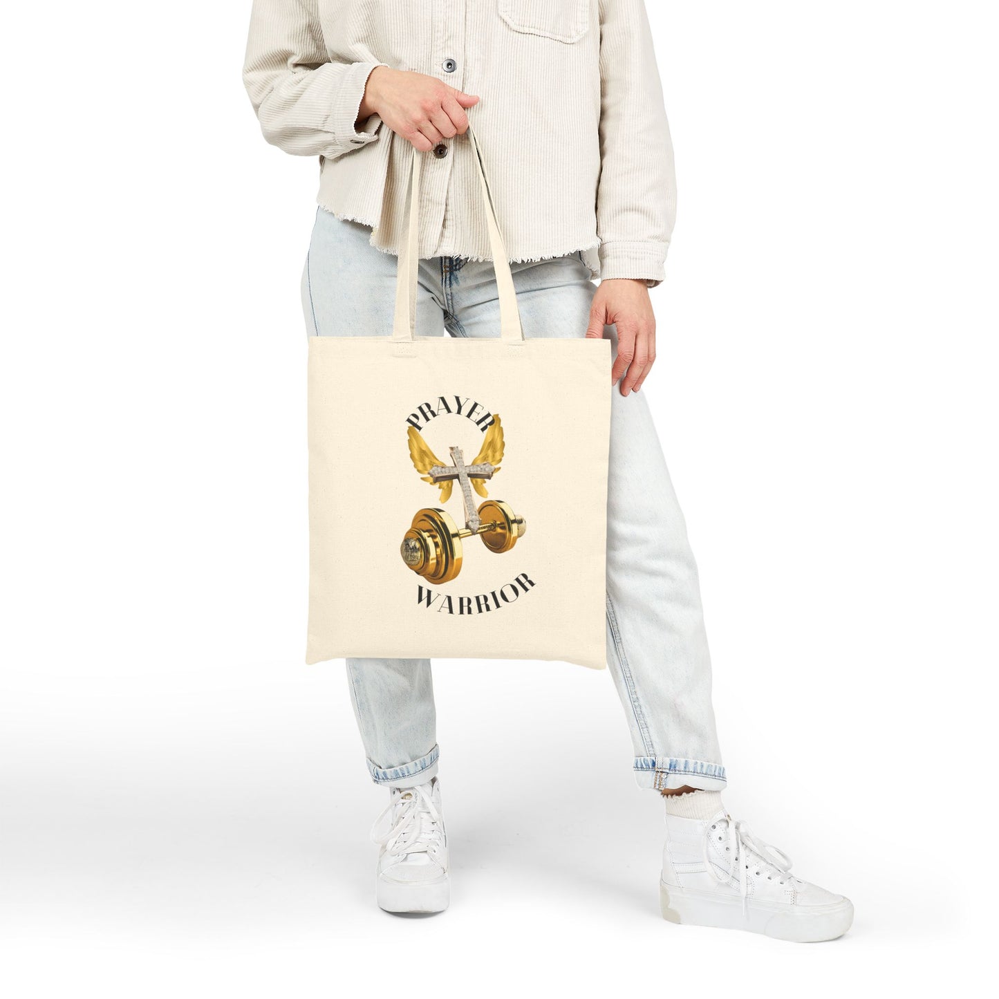 Religious Tote Bag - "Prayer Warrior" with Holy Cross and Angel Wings