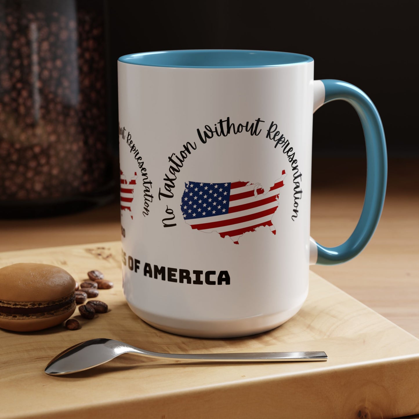 United States Map Flag Coffee Mug — "No Taxation Without Representation" 11/15oz Accent