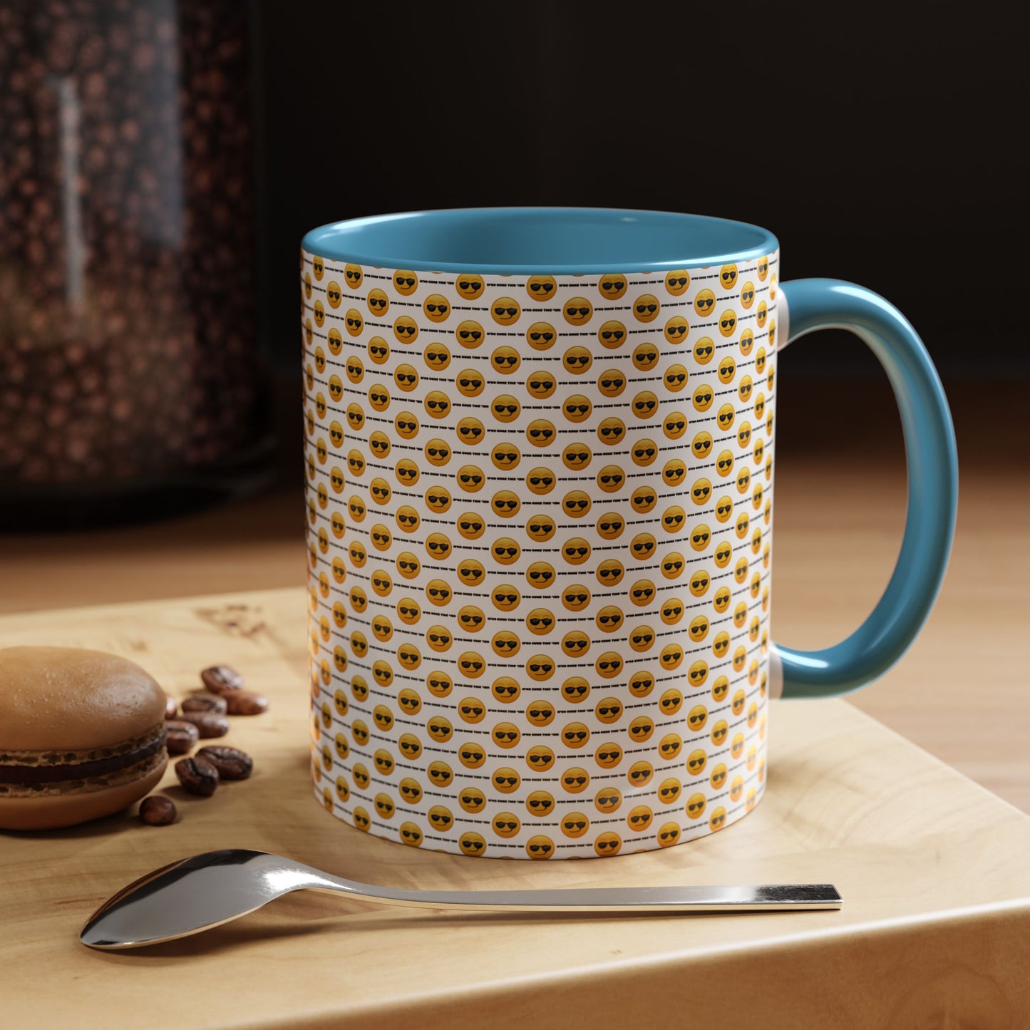 Sunglasses Emoji Pattern Accent Coffee Mug (11 oz) Asking "Who Run's This Ish"
