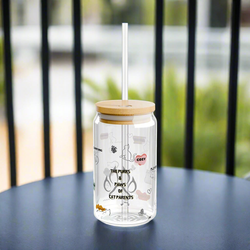 Cute Cat-Themed Sipper Glass - 16oz with Bamboo Lid - Perfect Gift for Cat Parents & Cat Lovers