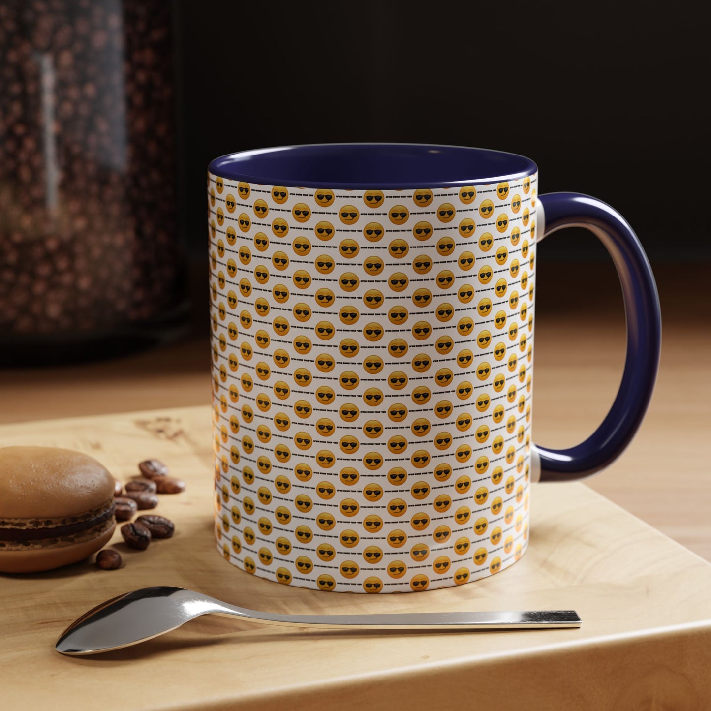 Sunglasses Emoji Pattern Accent Coffee Mug (11 oz) Asking "Who Run's This Ish"