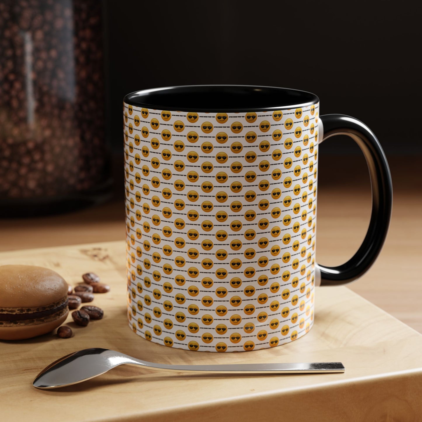 Sunglasses Emoji Pattern Accent Coffee Mug (11 oz) Asking "Who Run's This Ish"