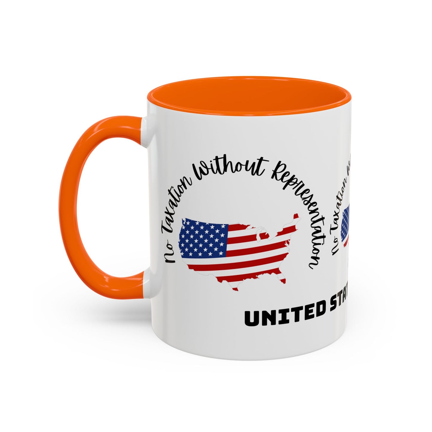 United States Map Flag Coffee Mug — "No Taxation Without Representation" 11/15oz Accent