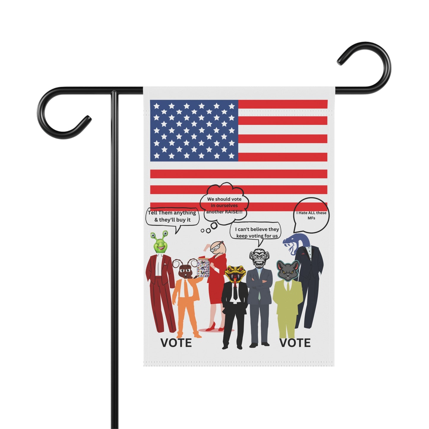 "Jar of Lies" Garden Flag - Patriotic Funny Cartoon Characters with American Flag