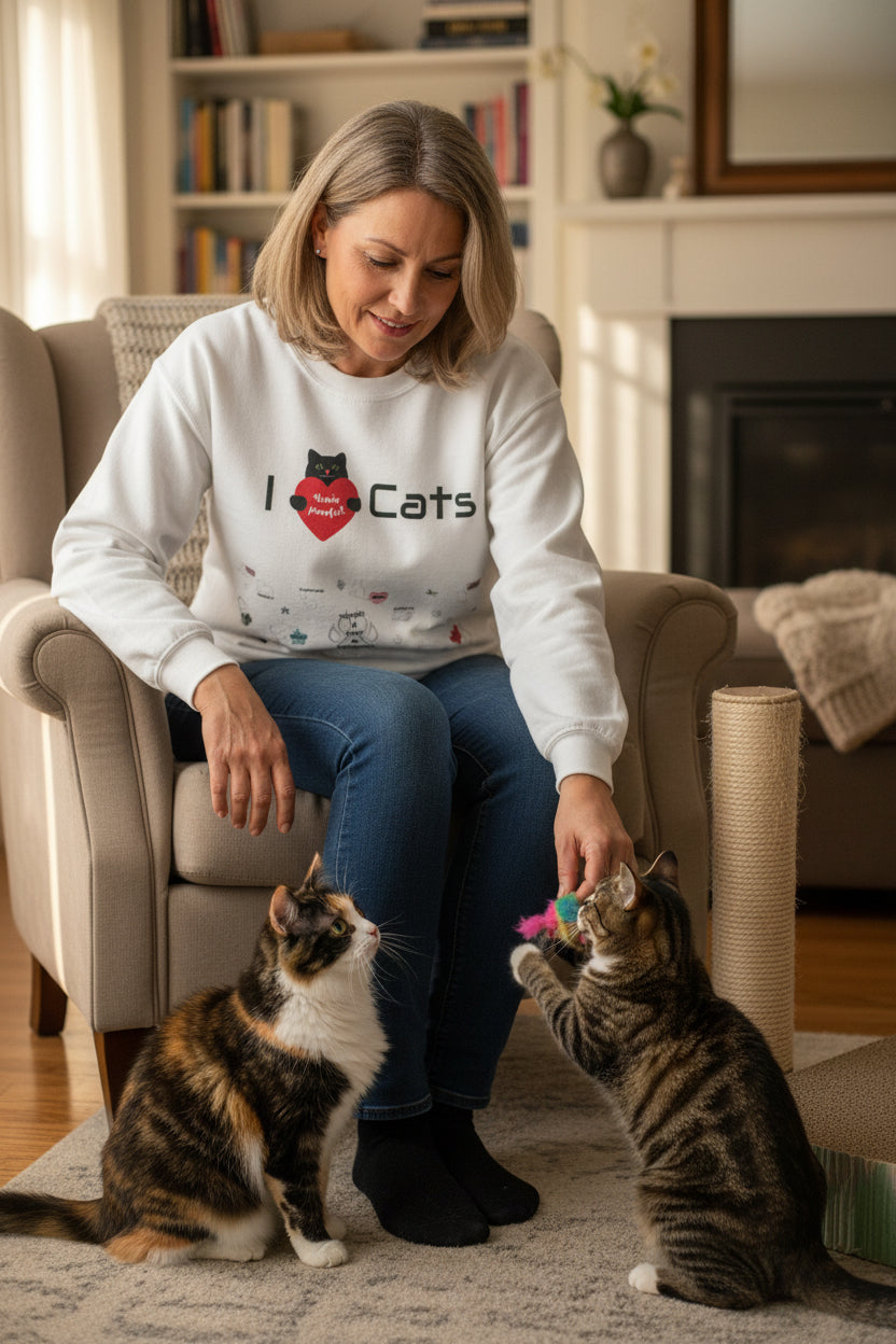 White sweatshirt with 'I ❤️ Cats' text and cat illustrations representing "C-Letter" Sentiments