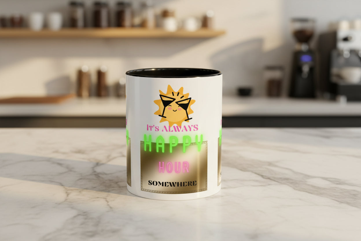 Ceramic Coffee Mug: with Image of a Sun with two Martini Glasses toasting and text that reads; "It's Always Happy Hour Somewhere". 