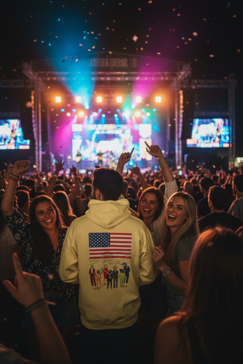 Light sand colored hoodie with American flag and political graphic on the back, worn by a guy