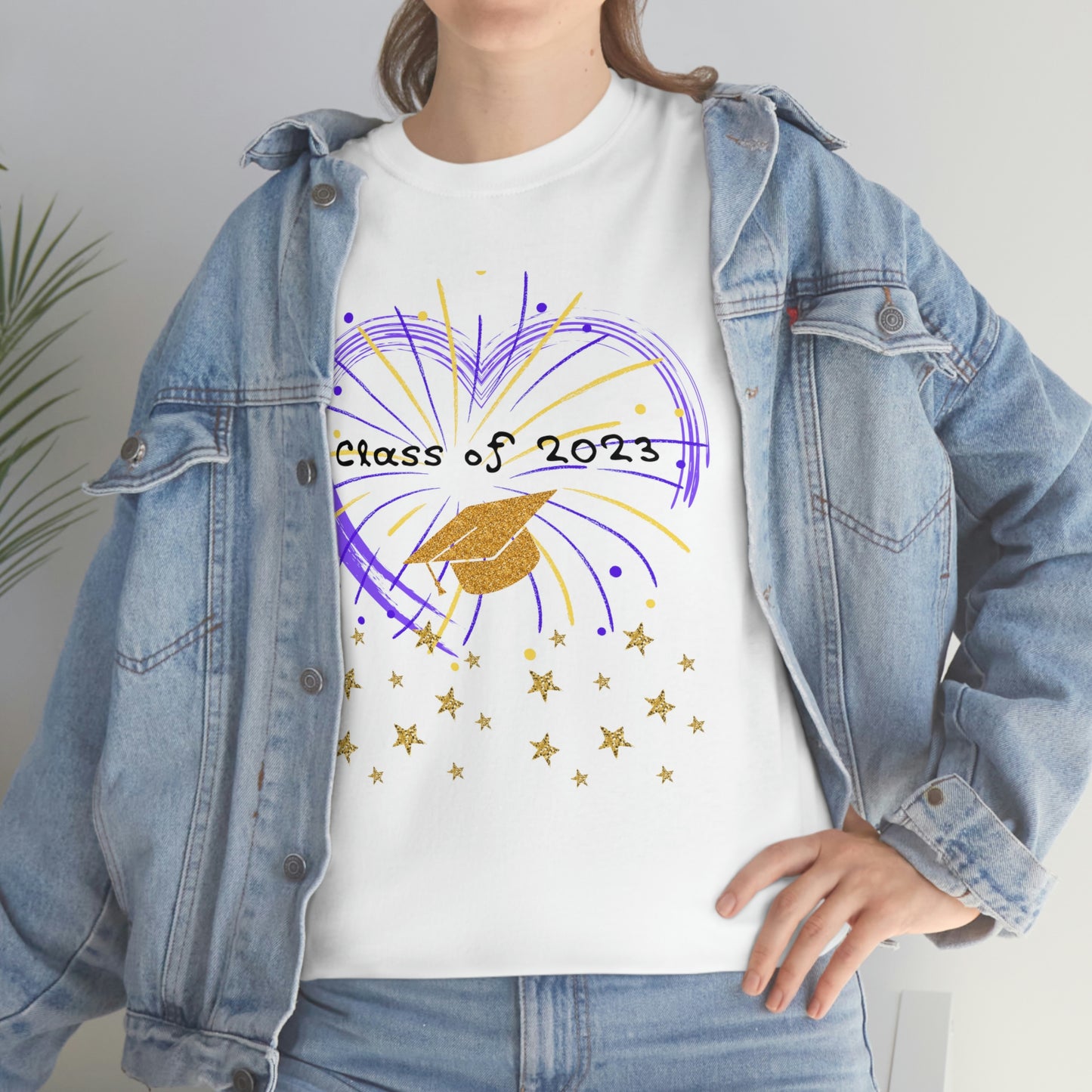 "2023 Graduation Cap on Fireworks" Unisex Heavy Cotton Tee