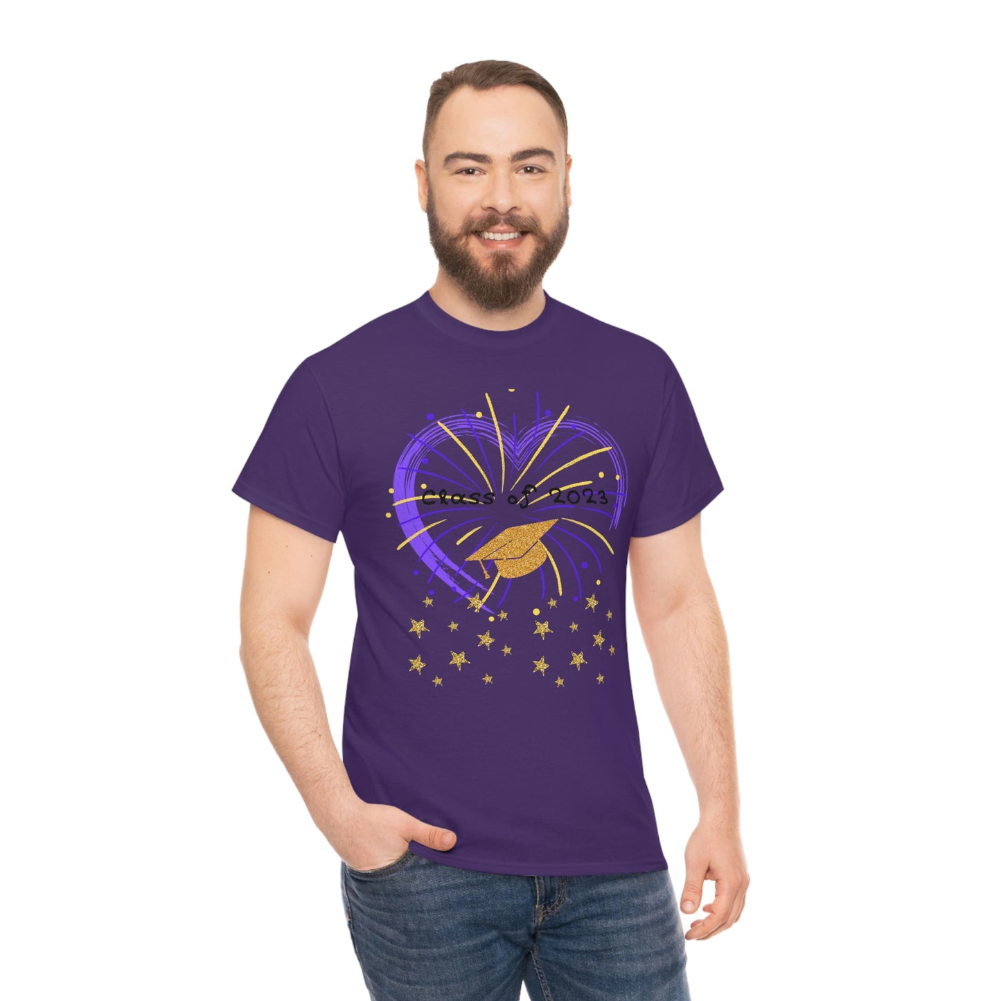 "2023 Graduation Cap on Fireworks" Unisex Heavy Cotton Tee