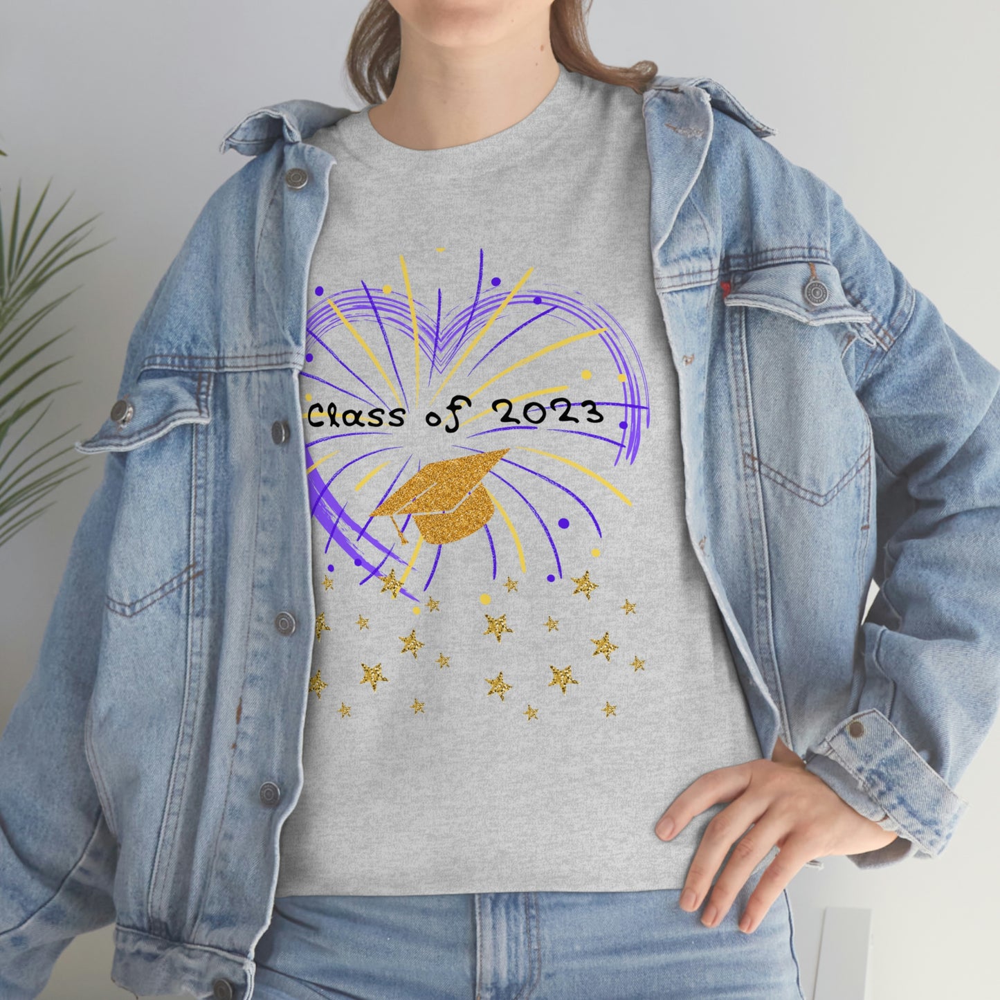 "2023 Graduation Cap on Fireworks" Unisex Heavy Cotton Tee
