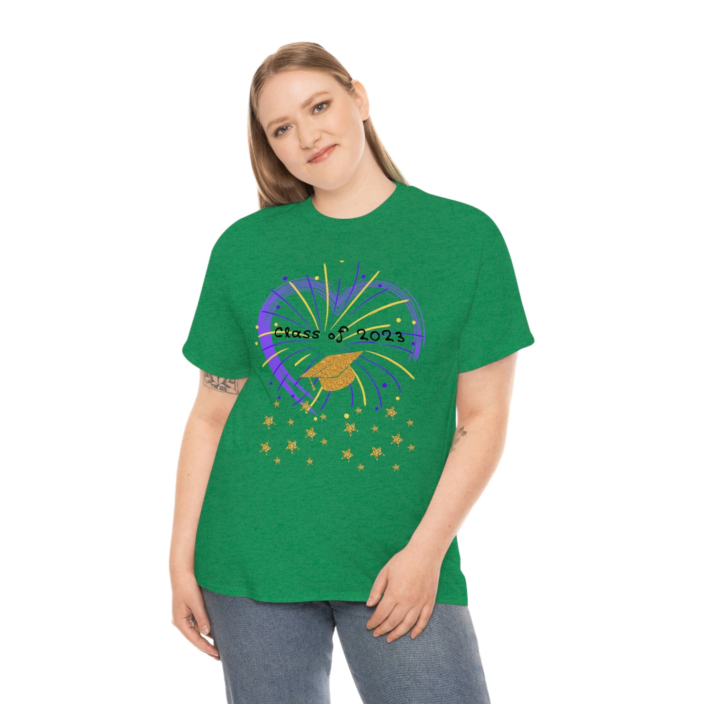 "2023 Graduation Cap on Fireworks" Unisex Heavy Cotton Tee