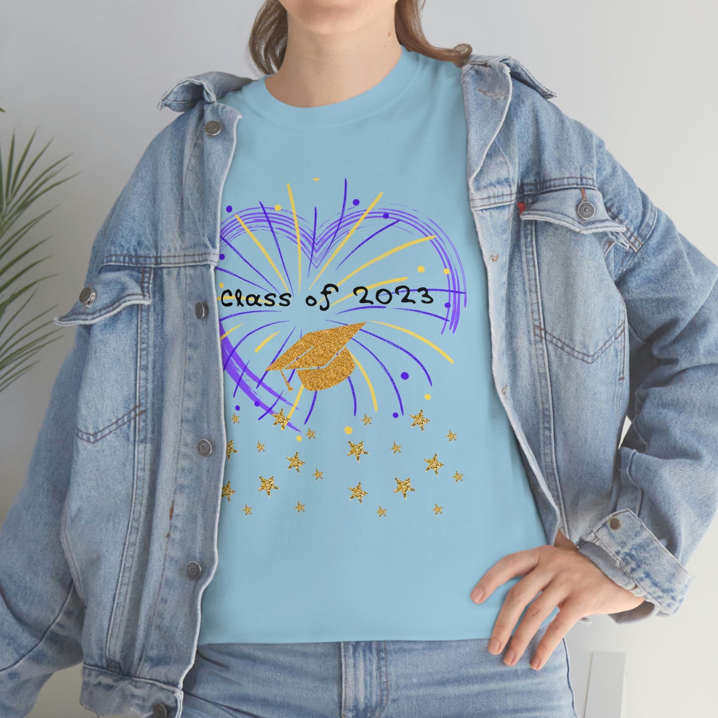 "2023 Graduation Cap on Fireworks" Unisex Heavy Cotton Tee