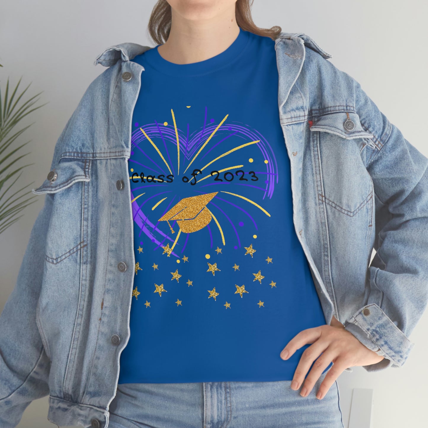 "2023 Graduation Cap on Fireworks" Unisex Heavy Cotton Tee